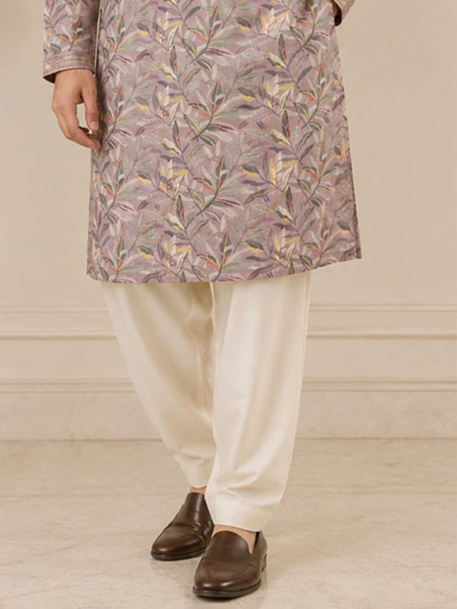 Muted Mauve Art Silk Embroidery Printed Wedding Party Festival Casual Mens Wear Kurta