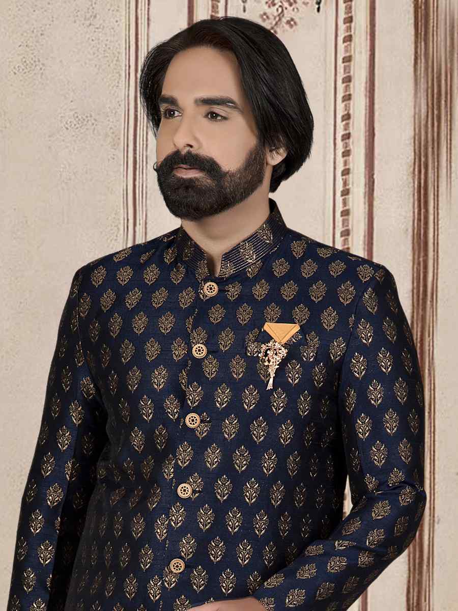 Navi Blue Brocade Woven Festival Wedding Sherwani Kurta
