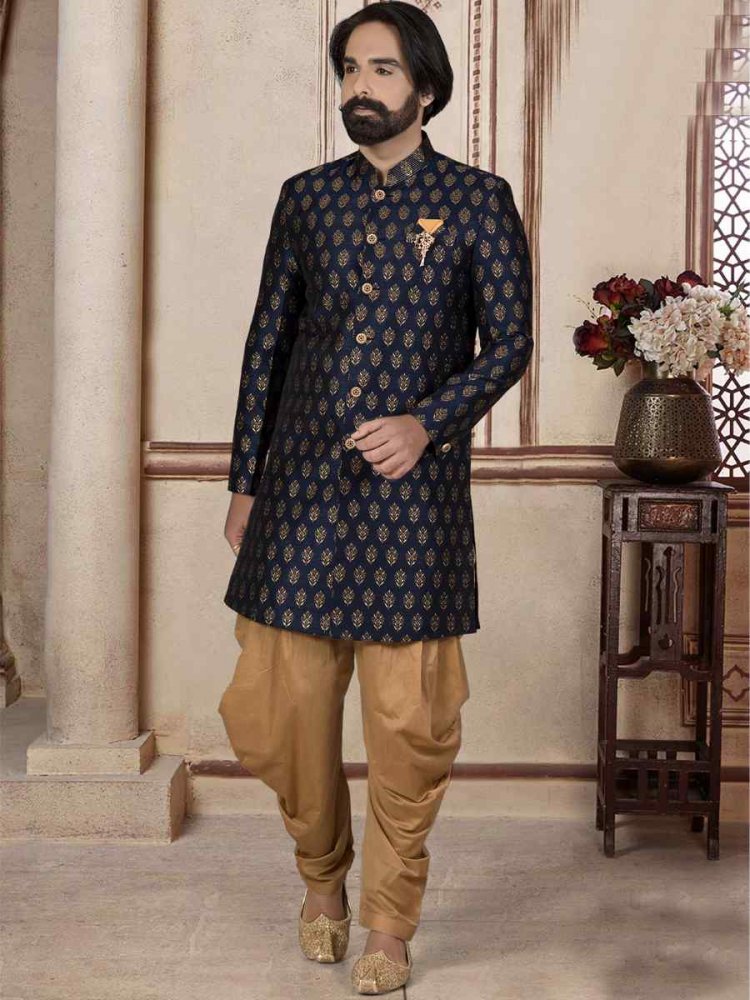 Navi Blue Brocade Woven Festival Wedding Sherwani Kurta