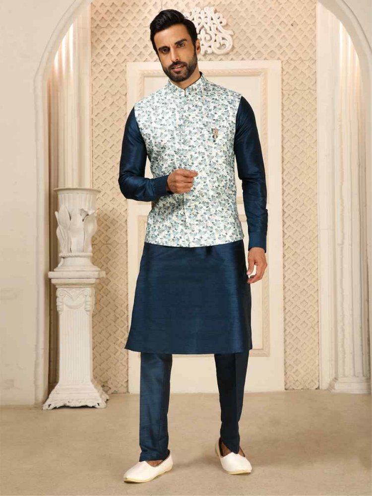 Navy Art Banarasi Silk Embroidered Festival Kurta