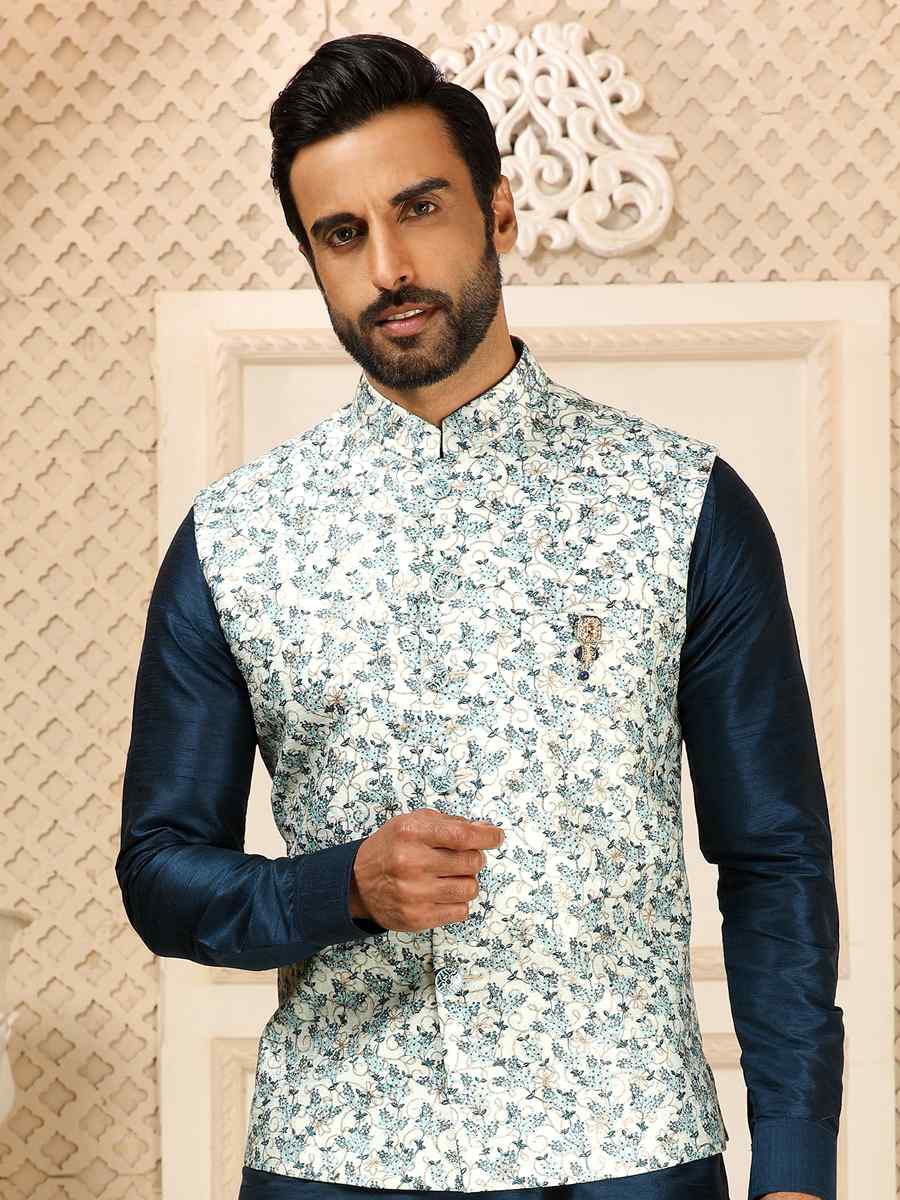 Navy Art Banarasi Silk Embroidered Festival Kurta
