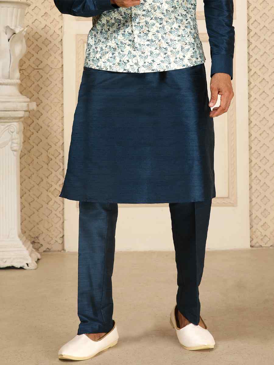 Navy Art Banarasi Silk Embroidered Festival Kurta