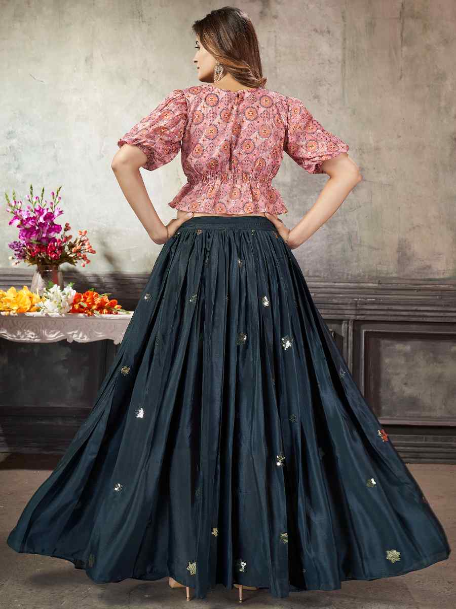 Navy Art Silk Embroidery Festival Wedding Circular Ready Lehenga Choli