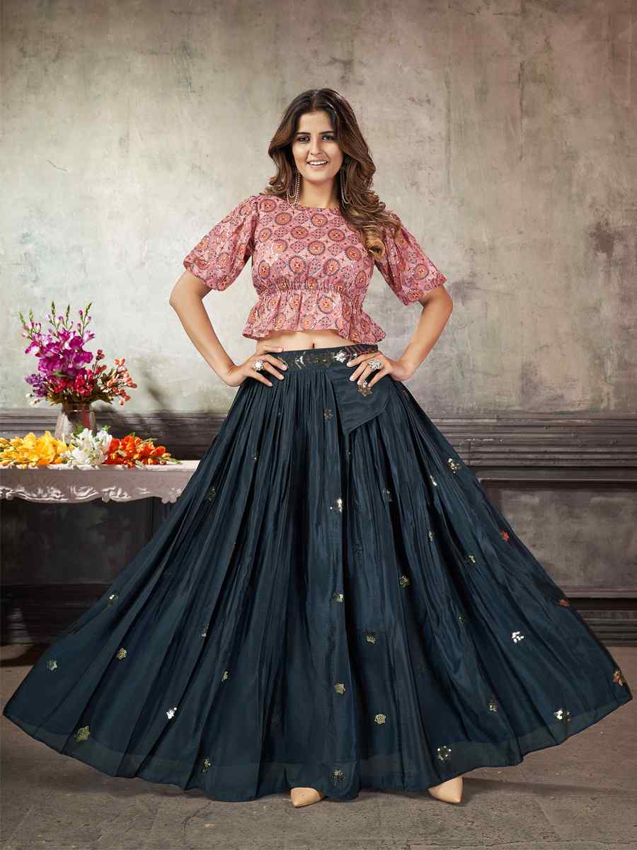 Navy Art Silk Embroidery Festival Wedding Circular Ready Lehenga Choli