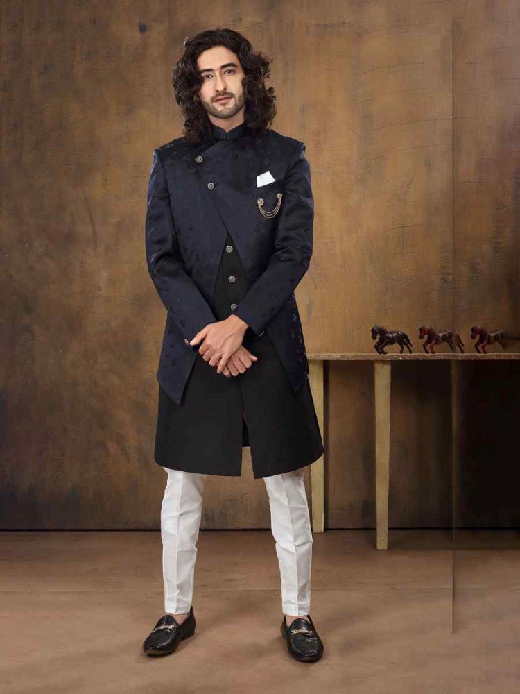 Navy Black Imported Embroidered Wedding Party Sherwani