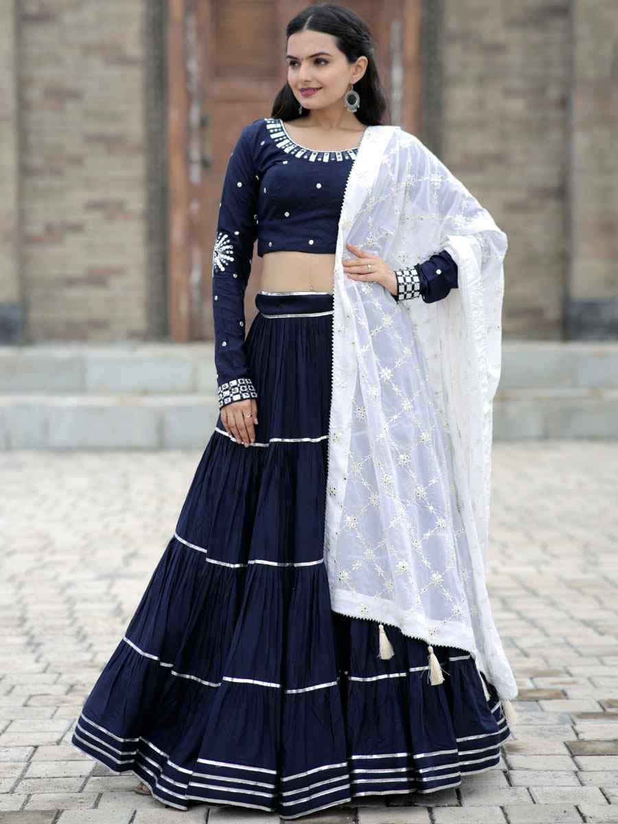 Navy Blue 14 Kg Rayon Embroidered Festival Ready Traditional Lehenga Choli