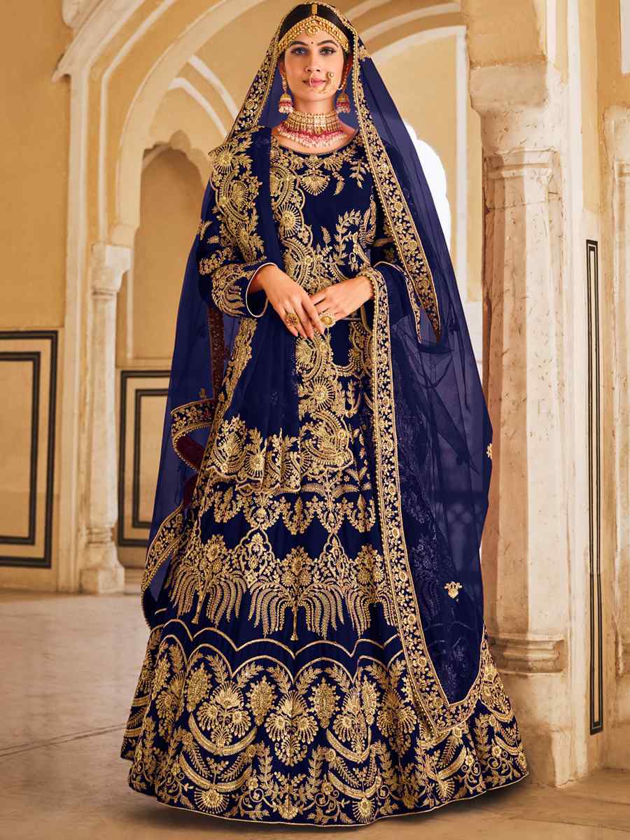 Navy Blue 9000 Heavy Velvet Embroidered Bridal Wedding A-Line Lehenga Choli