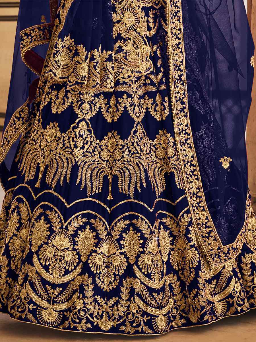 Navy Blue 9000 Heavy Velvet Embroidered Bridal Wedding A-Line Lehenga Choli