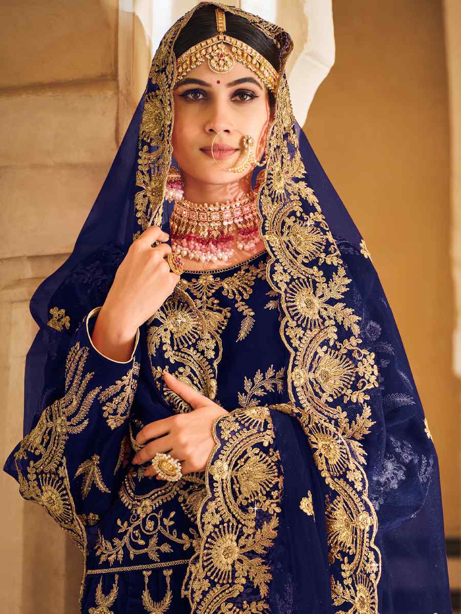 Navy Blue 9000 Heavy Velvet Embroidered Bridal Wedding A-Line Lehenga Choli
