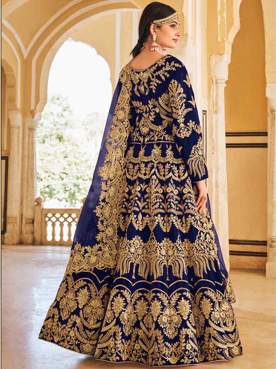 Navy Blue 9000 Heavy Velvet Embroidered Bridal Wedding A-Line Lehenga Choli