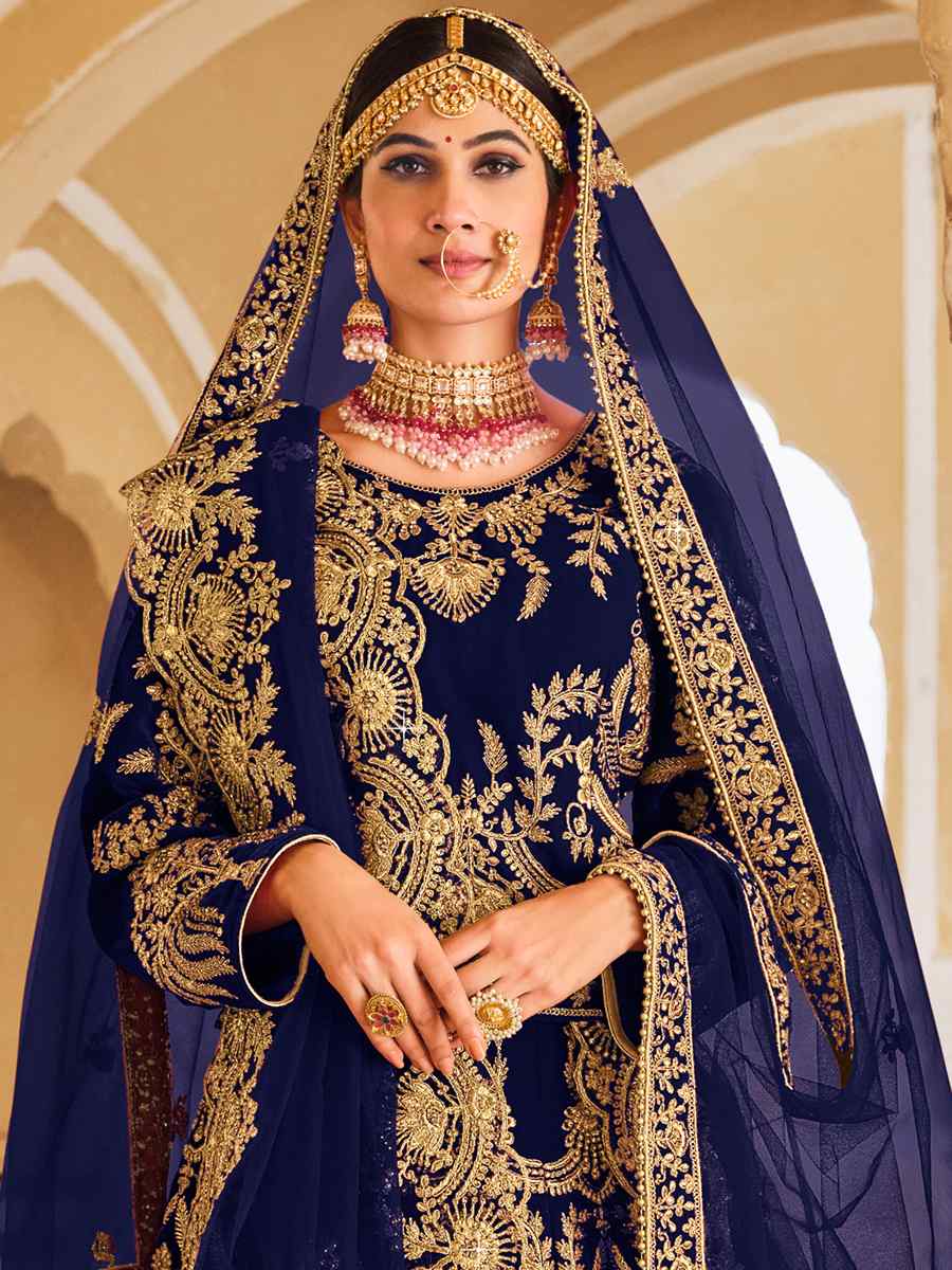 Navy Blue 9000 Heavy Velvet Embroidered Bridal Wedding A-Line Lehenga Choli