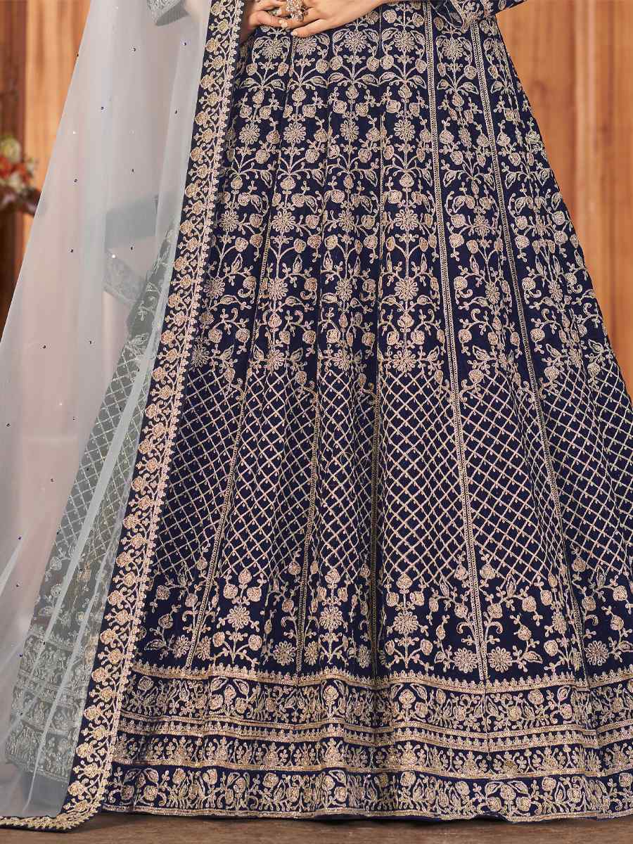 Navy Blue 9000 Velvet Embroidered Wedding Party Anarkali Salwar Kameez