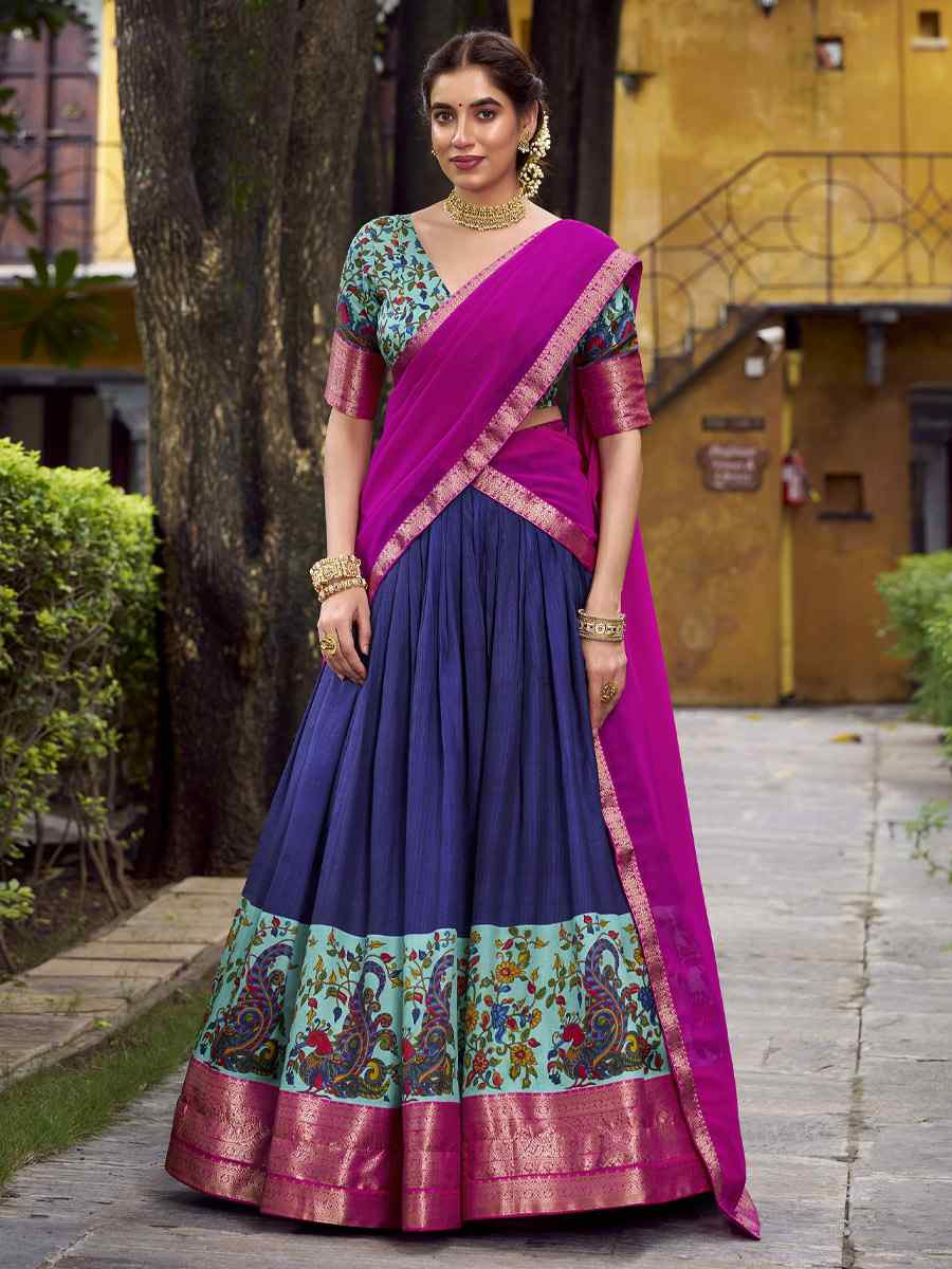 Navy Blue Aastha Silk Printed Zari Work Wedding Reception Festival Heavy Border Lehenga Choli