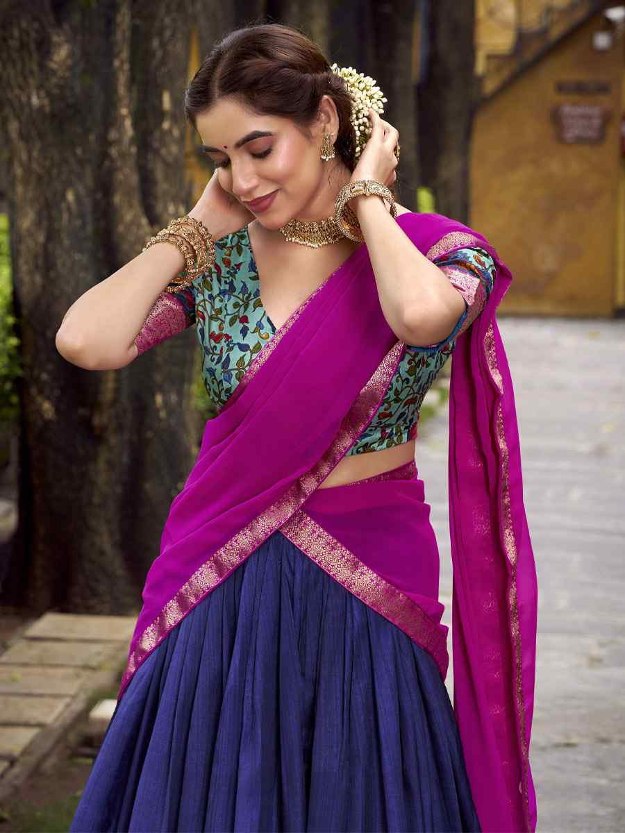 Navy Blue Aastha Silk Printed Zari Work Wedding Reception Festival Heavy Border Lehenga Choli