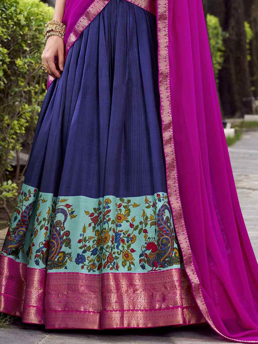 Navy Blue Aastha Silk Printed Zari Work Wedding Reception Festival Heavy Border Lehenga Choli