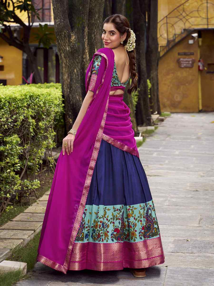 Navy Blue Aastha Silk Printed Zari Work Wedding Reception Festival Heavy Border Lehenga Choli