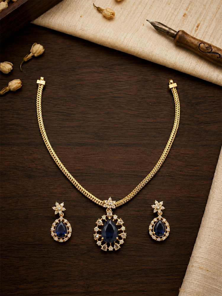 Image of Navy Blue A.D. Stone Gemstone Festival Party Wedding Necklace Set With Earrings