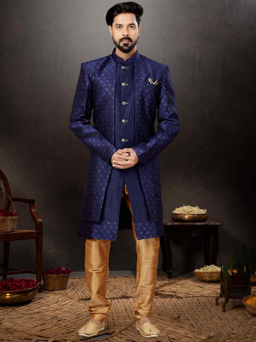 Navy Blue Alfi Jacquard Silk Dupion Embroidered Festival Wedding Sherwani