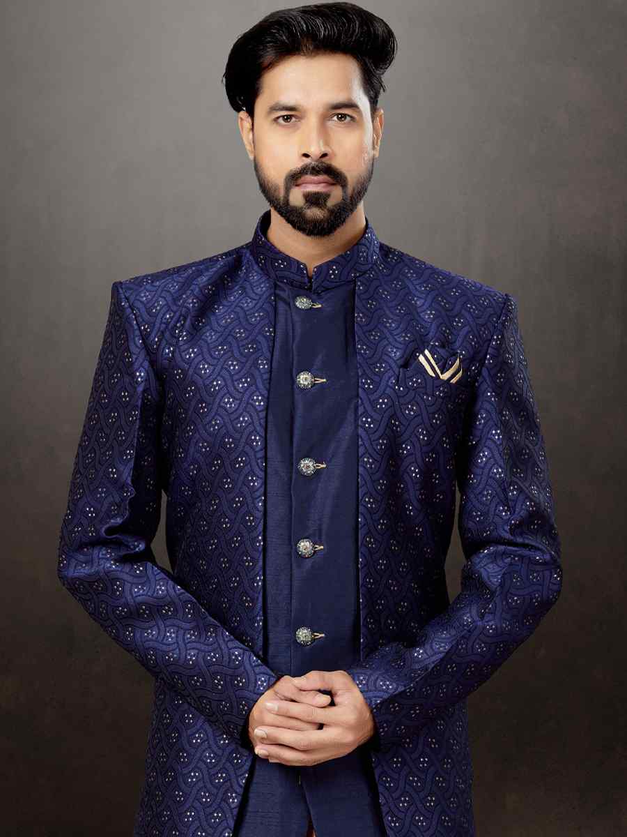 Navy Blue Alfi Jacquard Silk Dupion Embroidered Festival Wedding Sherwani