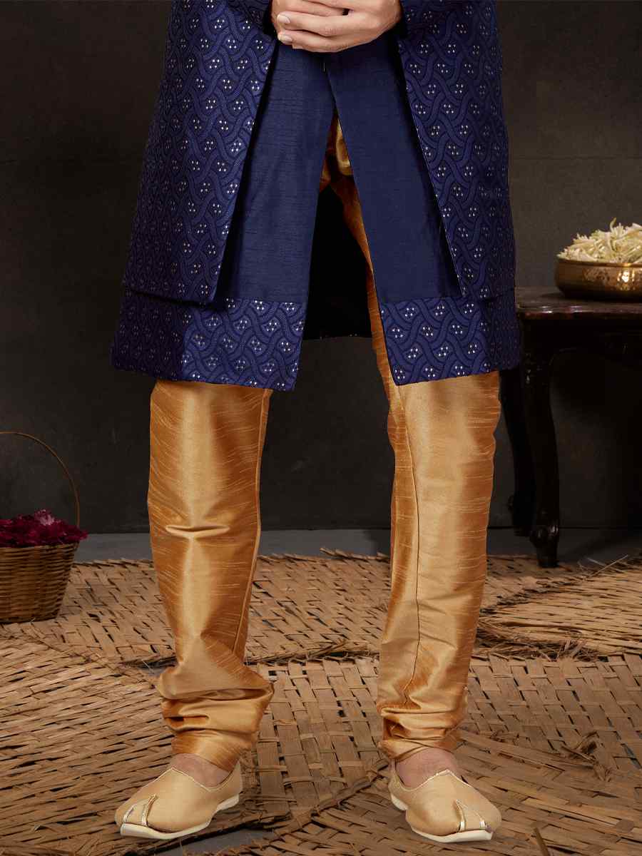 Navy Blue Alfi Jacquard Silk Dupion Embroidered Festival Wedding Sherwani