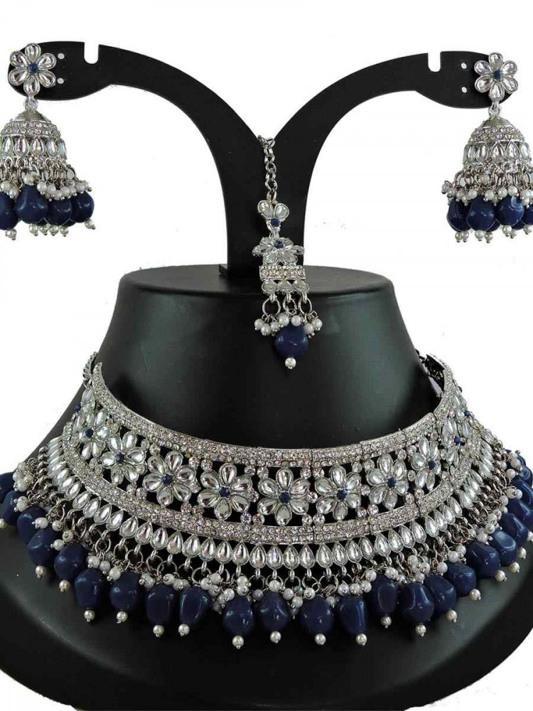 Navy Blue Alloy Bridal Wear Diamonds Necklace