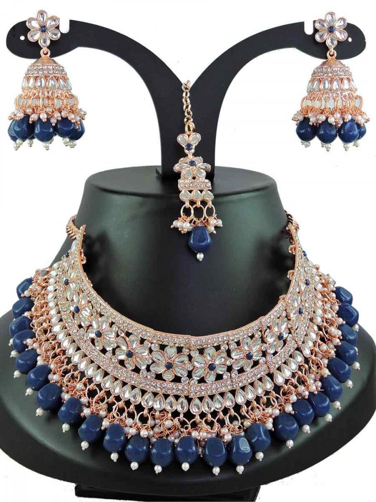 Navy Blue Alloy Bridal Wear Diamonds Necklace