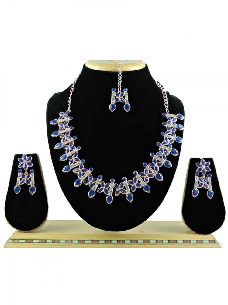 Navy Blue Alloy Festival Wear Diamonds Necklace