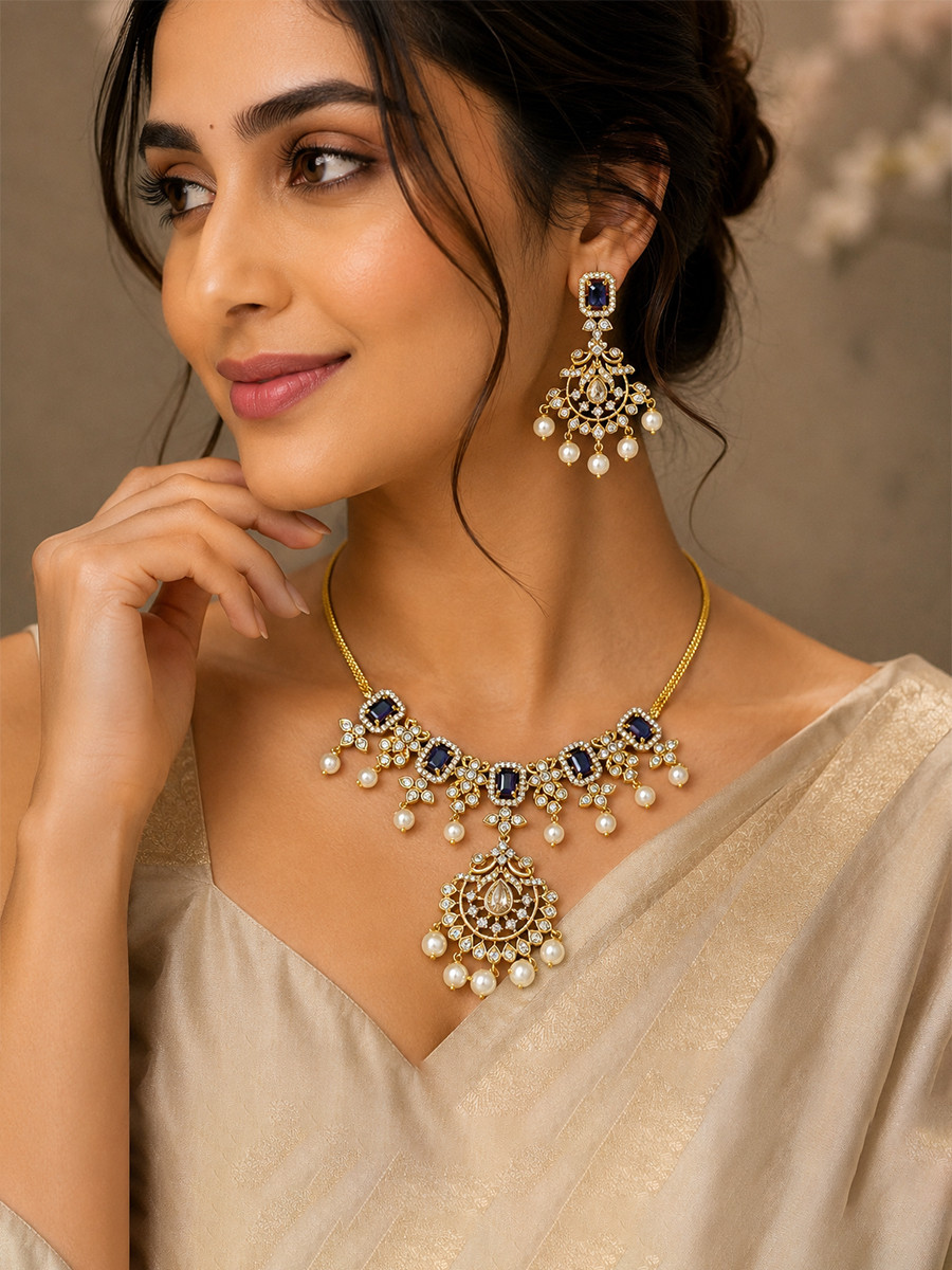 Navy Blue Alloy Gemstone Pearls Festival Party Wedding Necklace