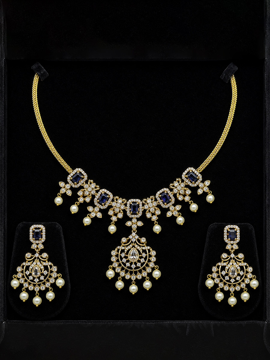 Navy Blue Alloy Gemstone Pearls Festival Party Wedding Necklace