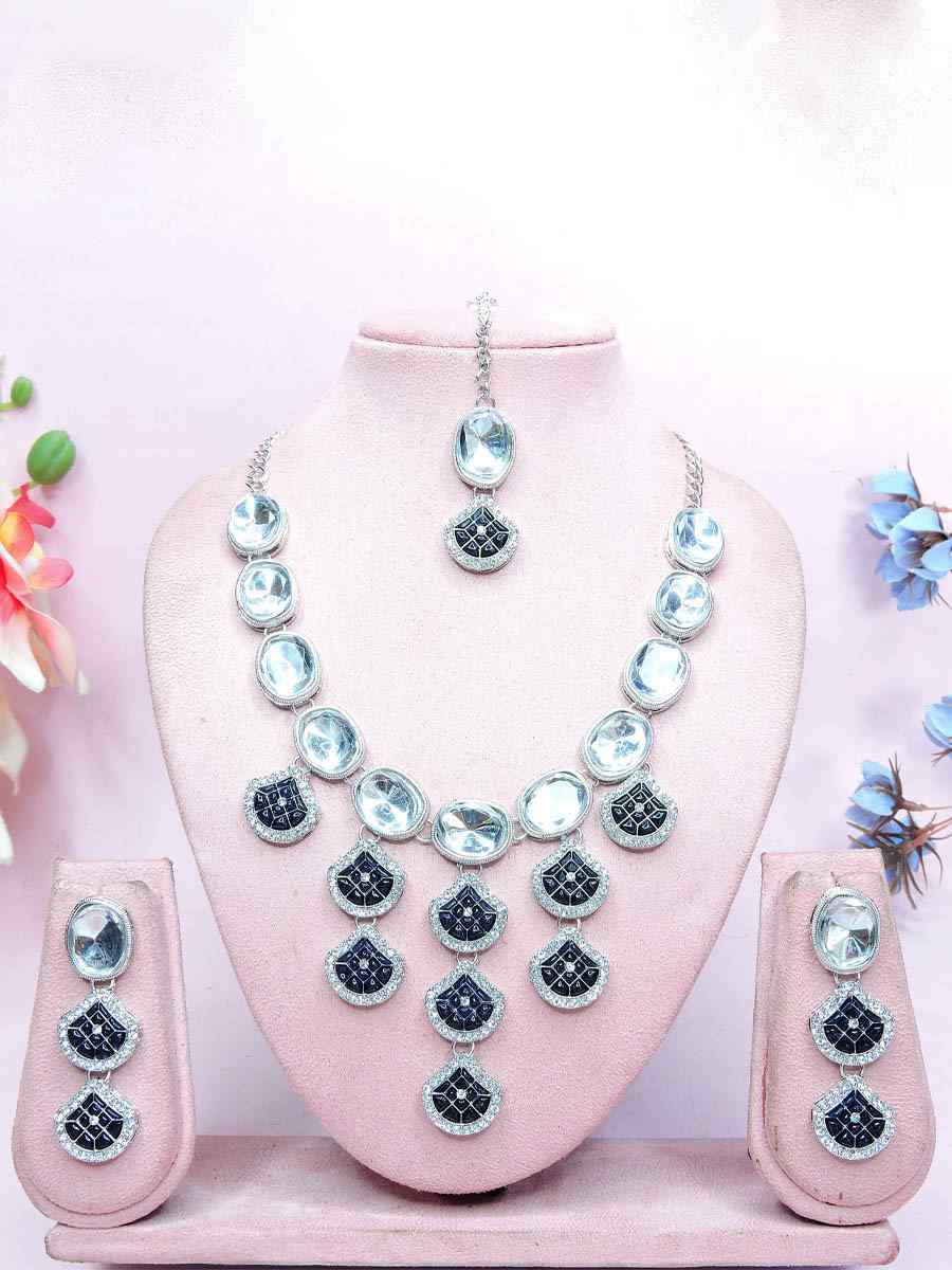 Navy Blue Alloy Metal Festival Wear Kundan Necklace