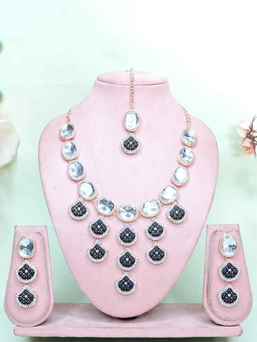 Navy Blue Alloy Metal Festival Wear Kundan Necklace