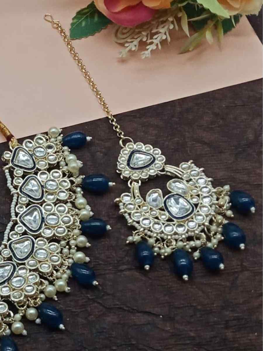 Navy Blue Alloy Metal Festival Wear Kundan Necklace
