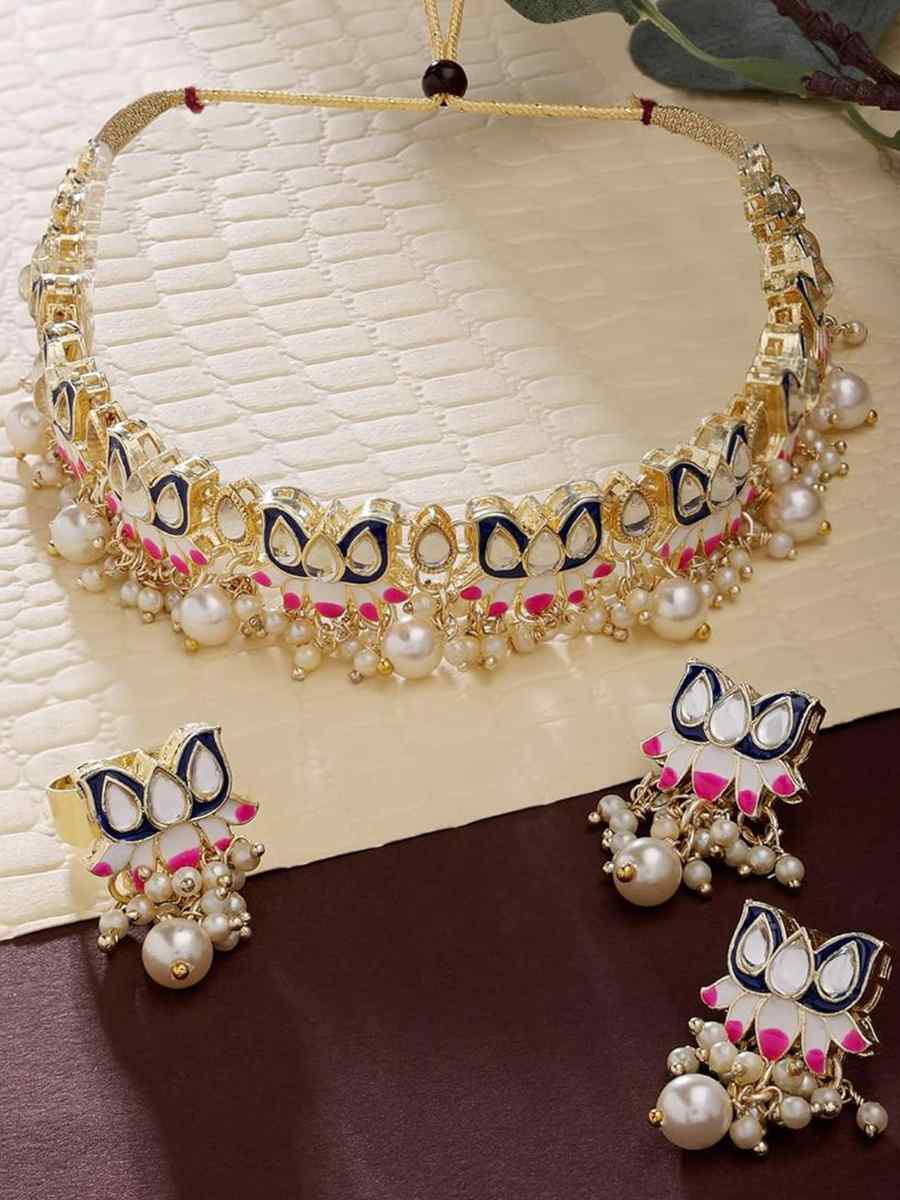 Navy Blue Alloy Metal Festival Wear Kundan Necklace