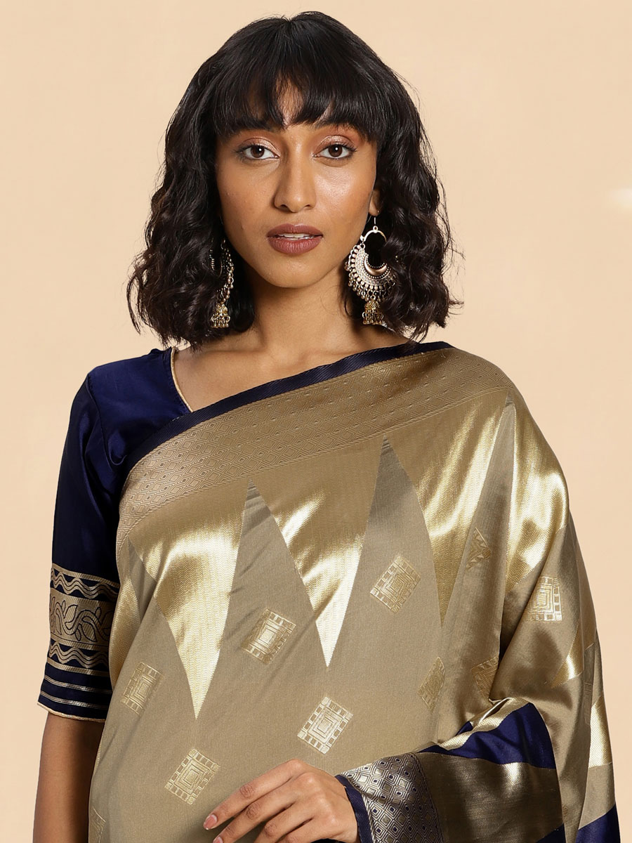 Navy Blue and Ecru Brown Banarasi Silk Handwoven Party Saree