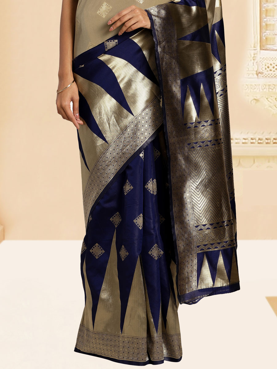 Navy Blue and Ecru Brown Banarasi Silk Handwoven Party Saree