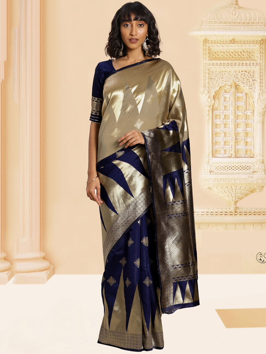 Navy Blue and Ecru Brown Banarasi Silk Handwoven Party Saree
