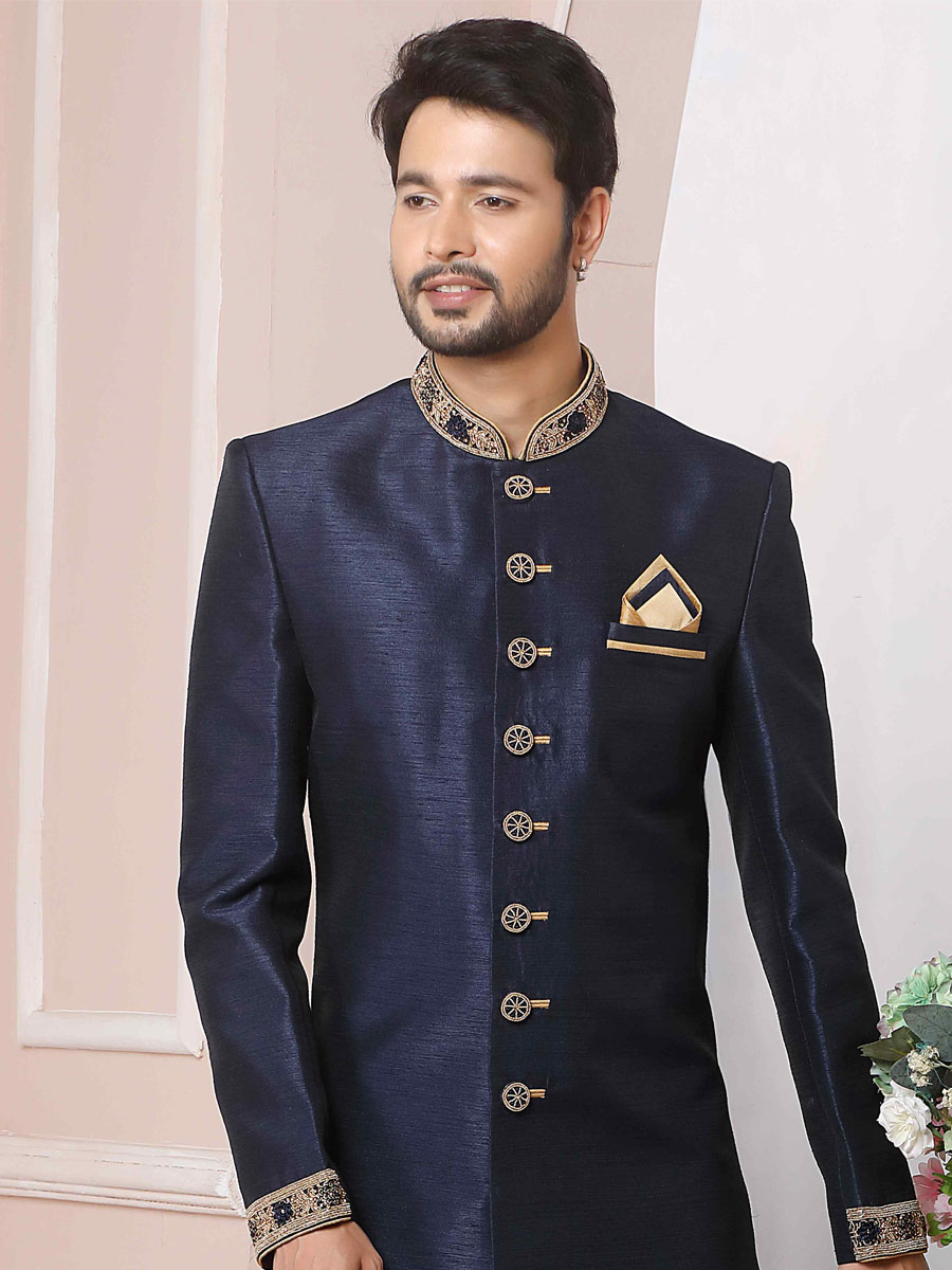 Navy Blue Art Banarasi Silk Embroidered Festival Wedding Sherwani