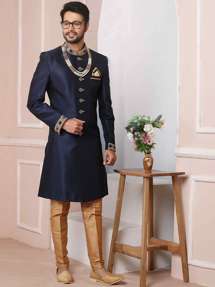 Navy Blue Art Banarasi Silk Embroidered Festival Wedding Sherwani