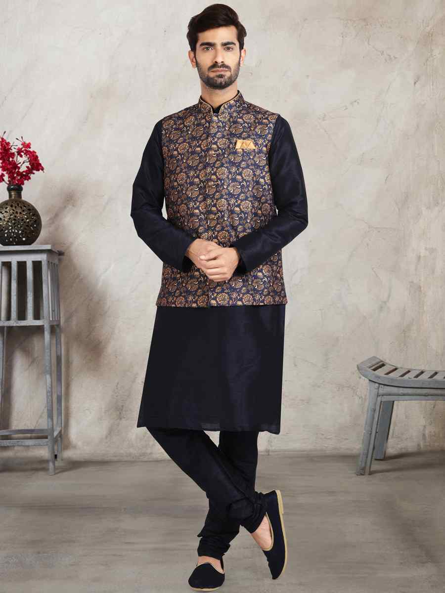 Navy Blue Art Banarasi Silk Printed Festival Wedding Sherwani