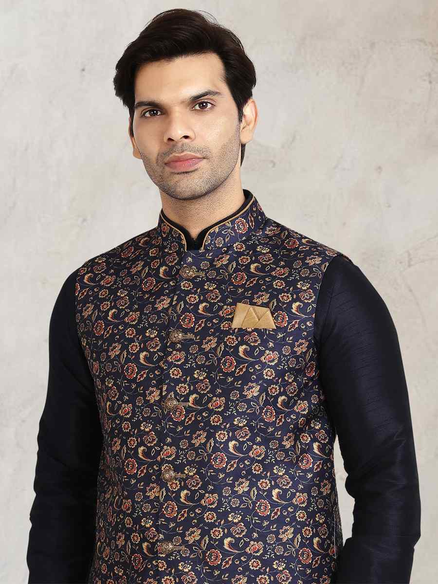 Navy Blue Art Banarasi Silk Printed Festival Wedding Sherwani