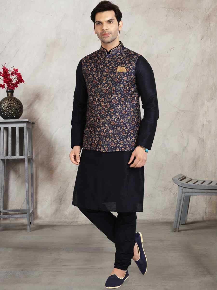 Navy Blue Art Banarasi Silk Printed Festival Wedding Sherwani