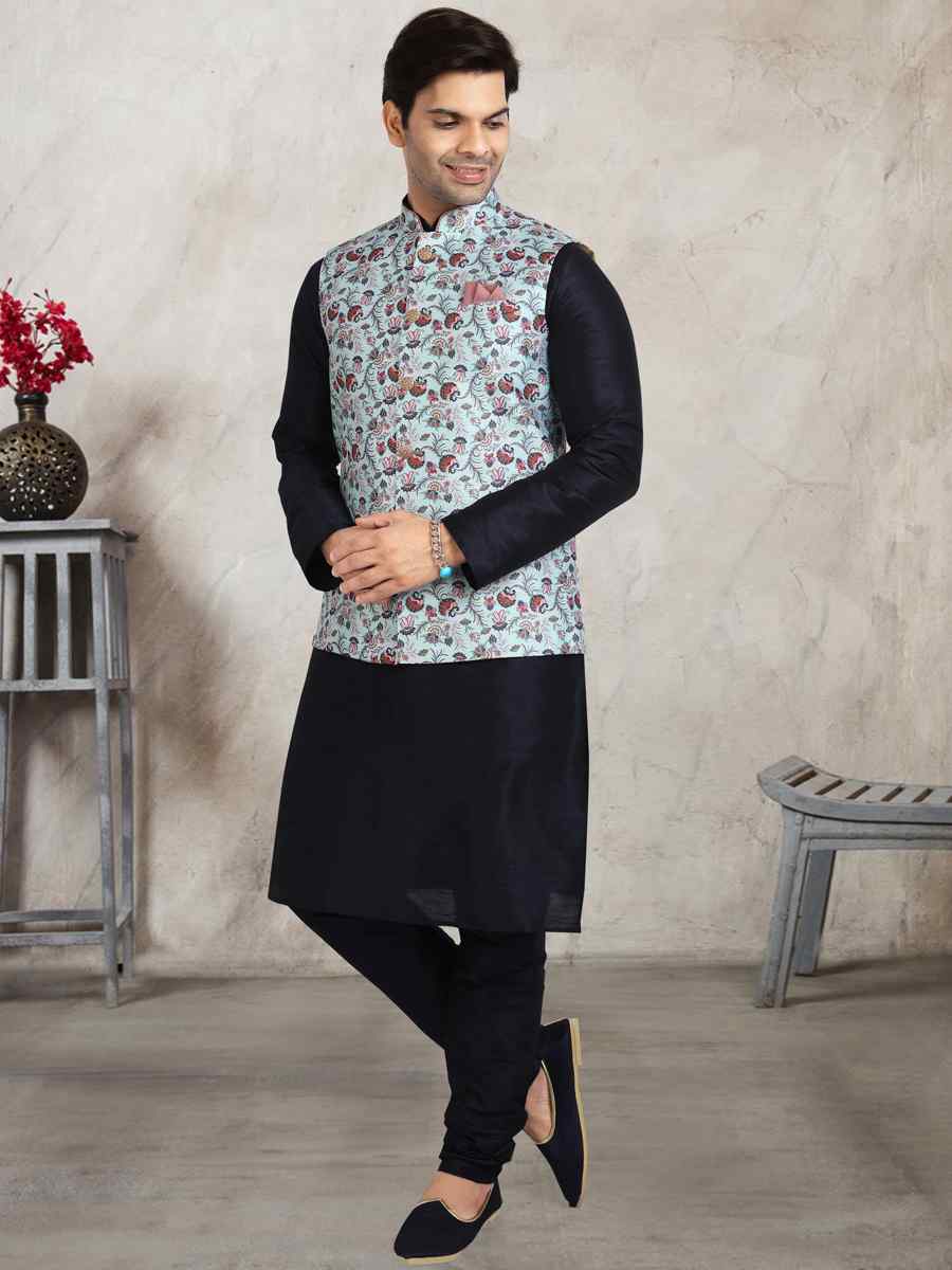 Navy Blue Art Banarasi Silk Printed Festival Wedding Sherwani