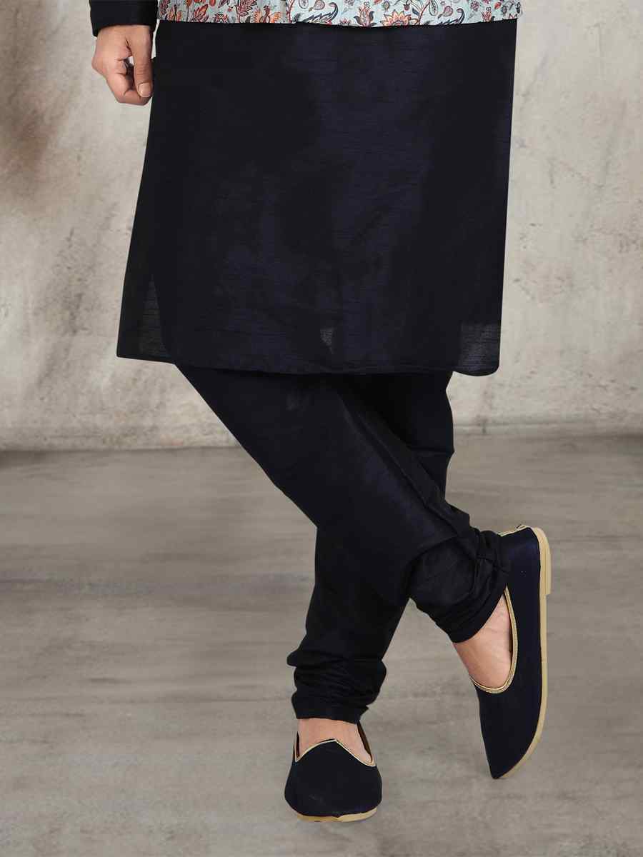 Navy Blue Art Banarasi Silk Printed Festival Wedding Sherwani