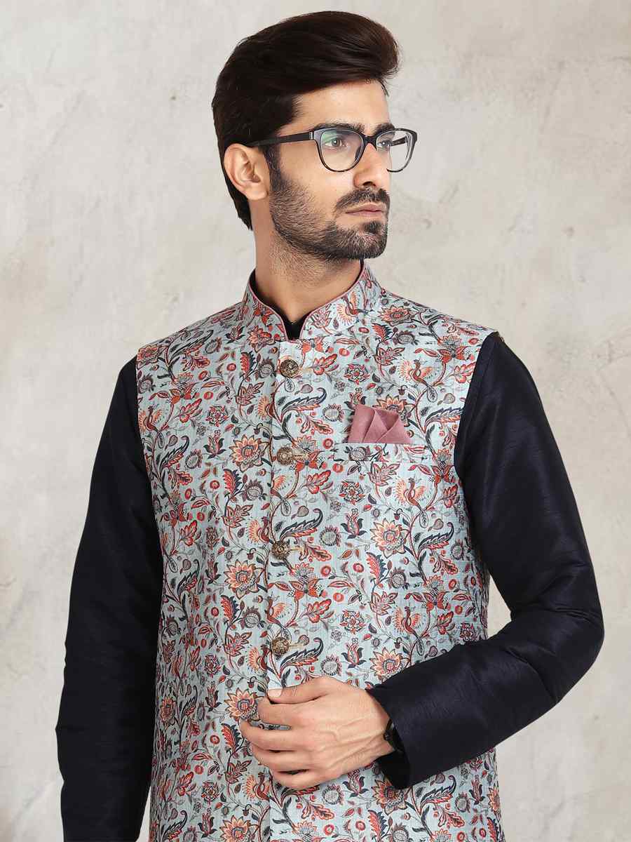 Navy Blue Art Banarasi Silk Printed Festival Wedding Sherwani