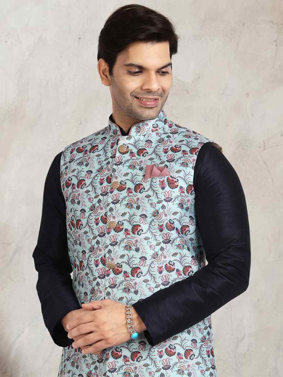 Navy Blue Art Banarasi Silk Printed Festival Wedding Sherwani