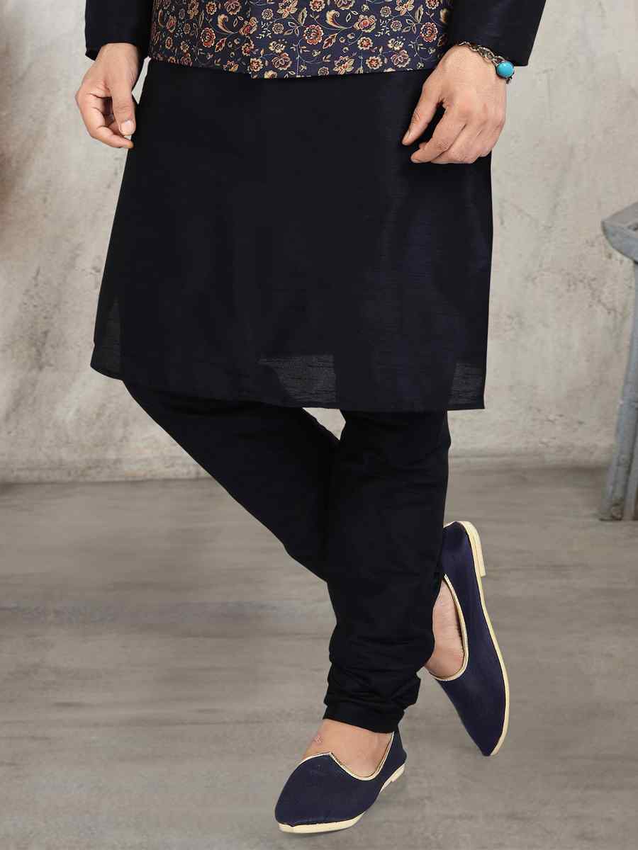 Navy Blue Art Banarasi Silk Printed Festival Wedding Sherwani