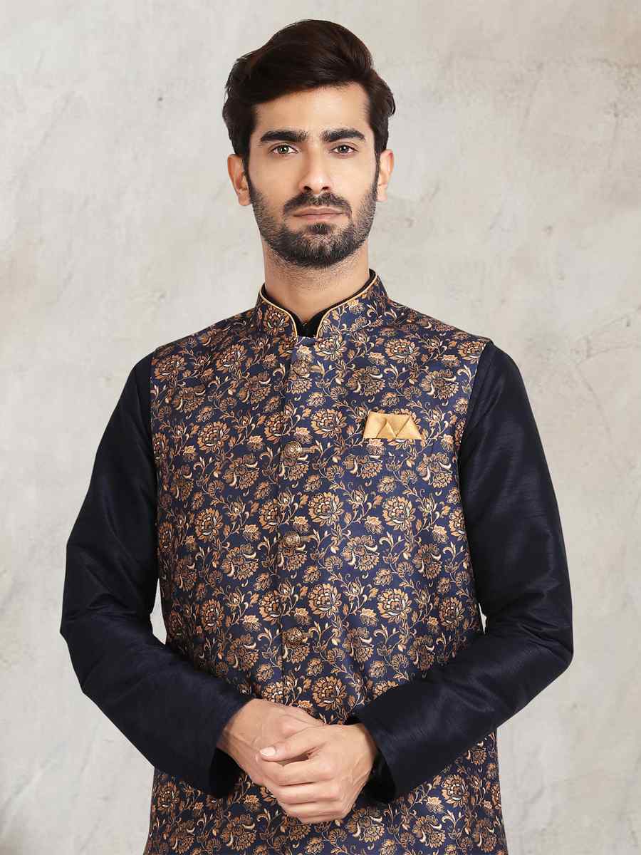 Navy Blue Art Banarasi Silk Printed Festival Wedding Sherwani