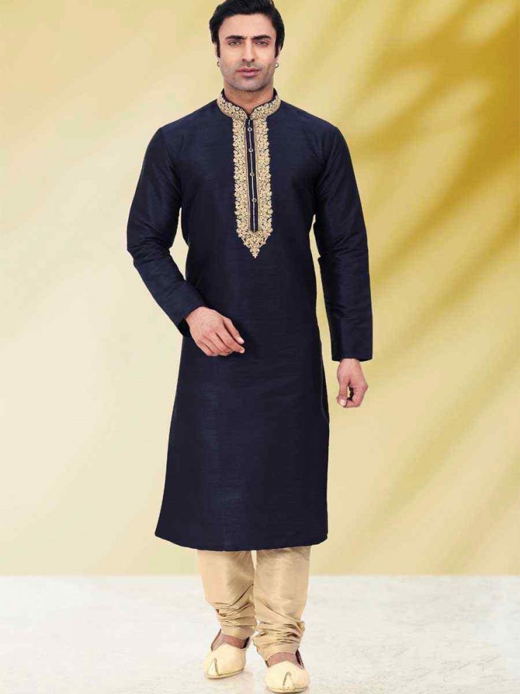 Navy Blue Art Banarasi Silk Woven Festival Mehendi Kurta