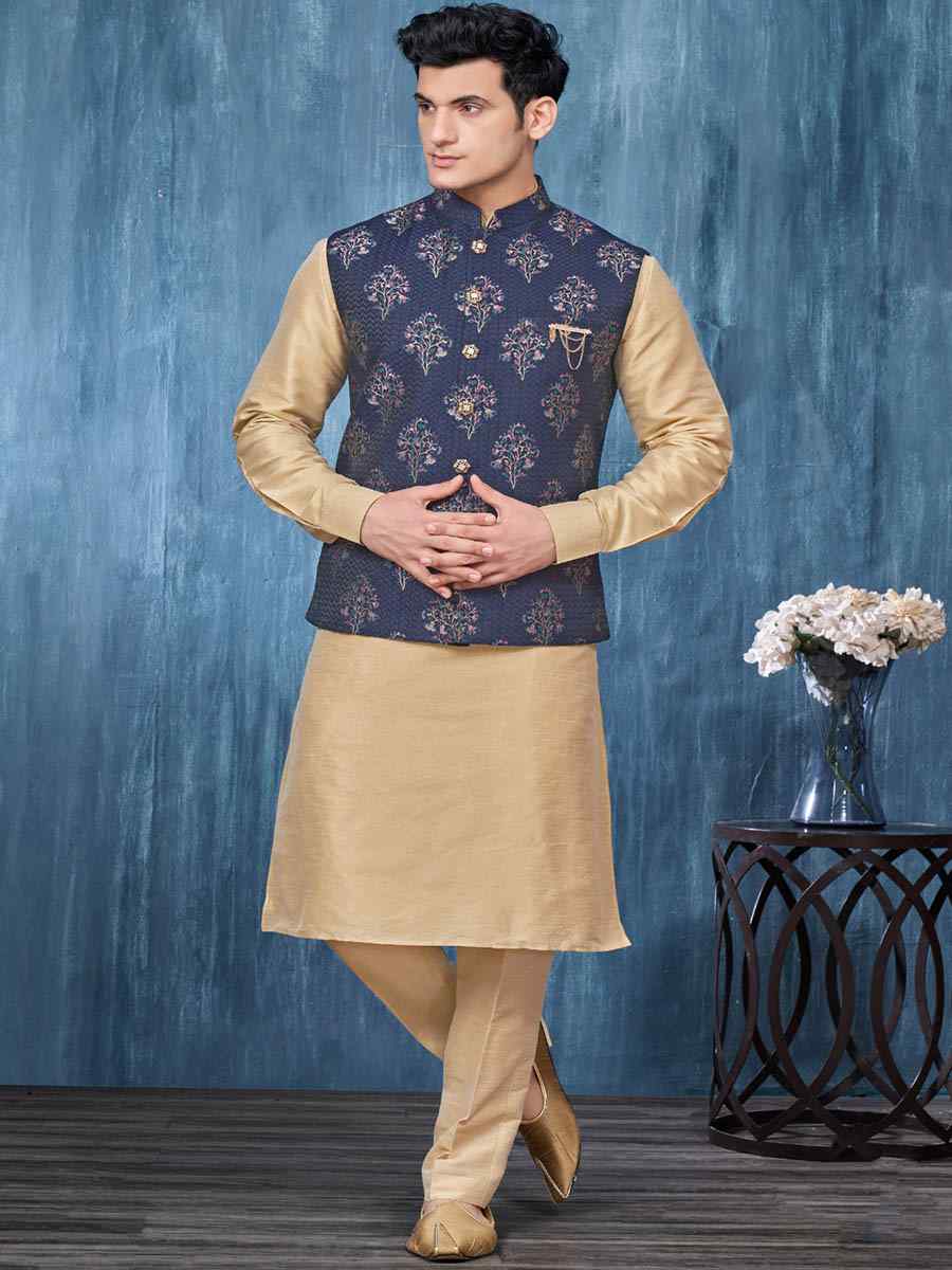 Navy Blue Art Banarasi Silk Woven Festival Wedding Kurta