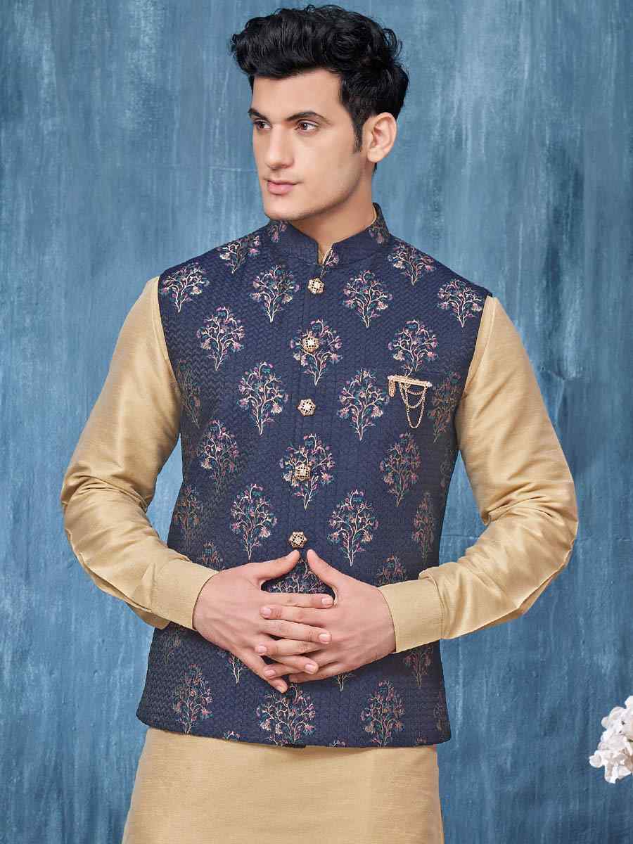 Navy Blue Art Banarasi Silk Woven Festival Wedding Kurta